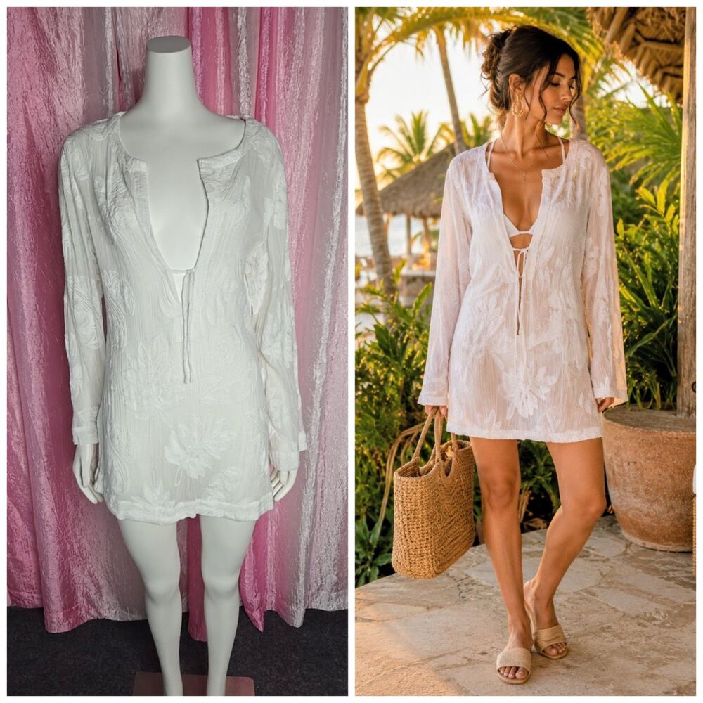 Island Clothing Company White Boho Floral Beach Cotton Cover-Up Top Size Small